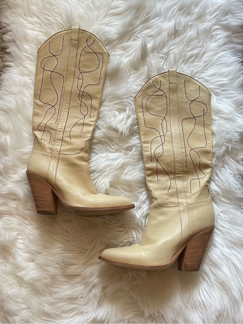 Sartore Cream Leather Western Knee-High Heeled Boots